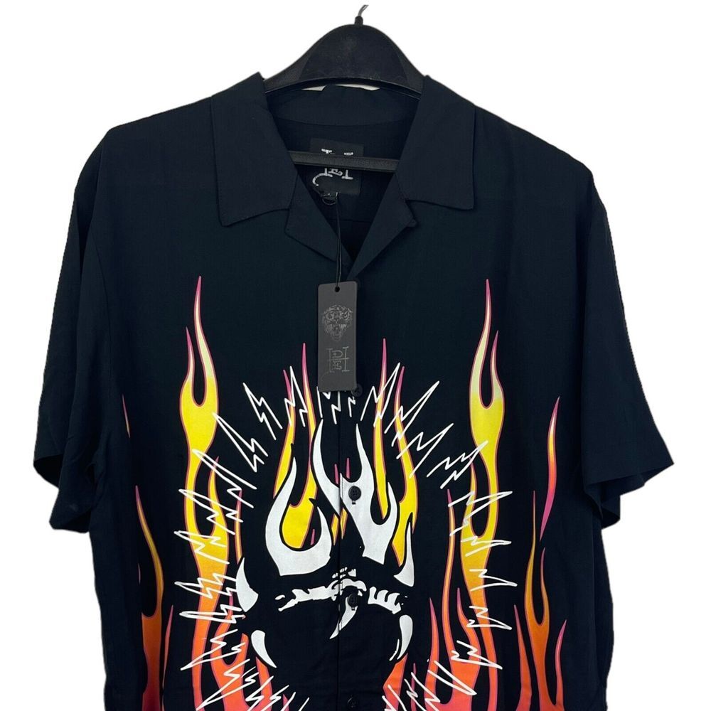 NEW Ed Hardy Men's XL Tattoo Viscose Fire Heart Camp Shirt Black Flames